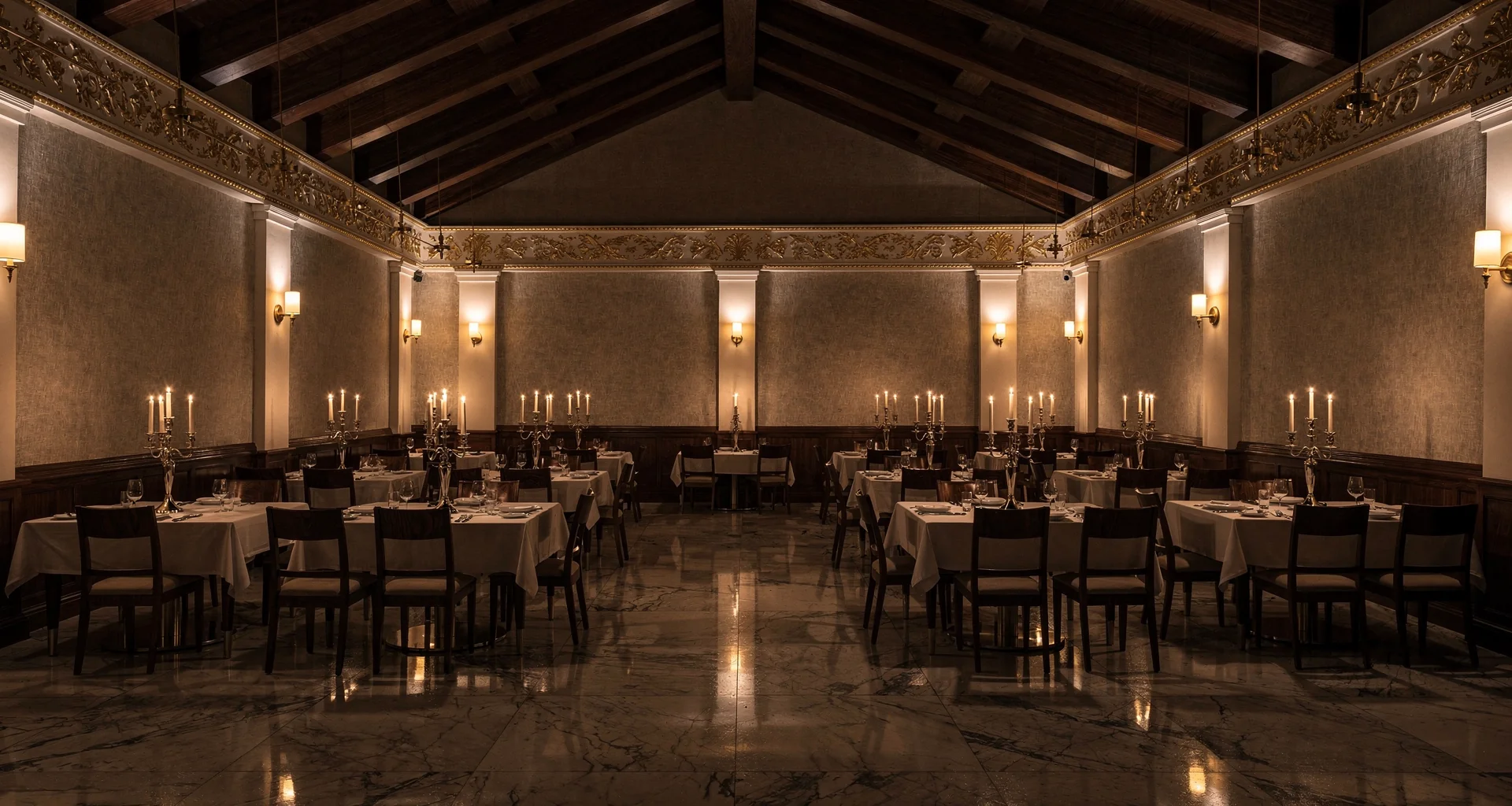 Elegant dining room with warm lighting and modern Italian decor