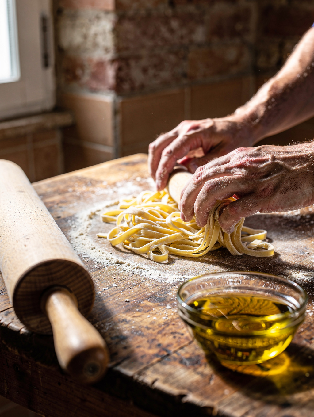 Chef preparing fresh egg pasta on a wooden surface