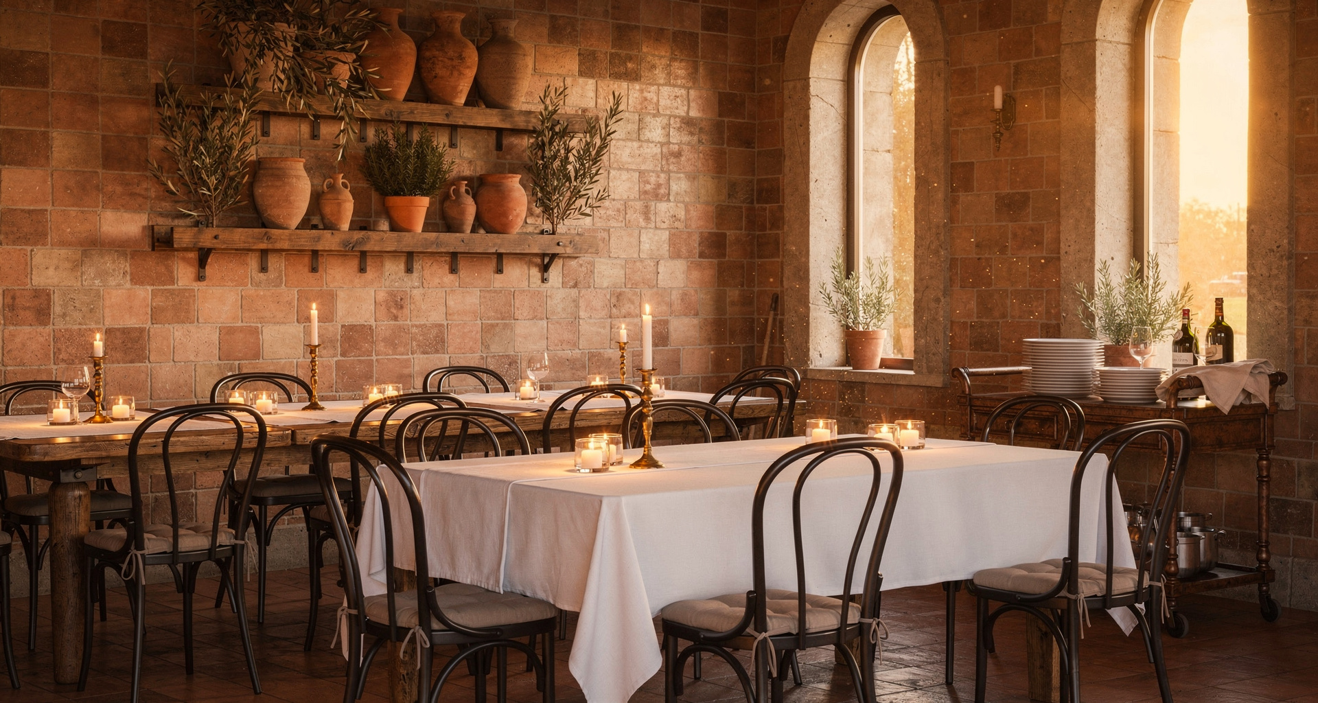 Elegant Italian dining room with warm lighting and artisanal table settings
