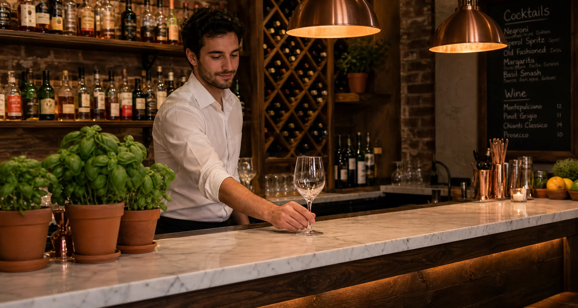 Modern bar counter with curated wine selection